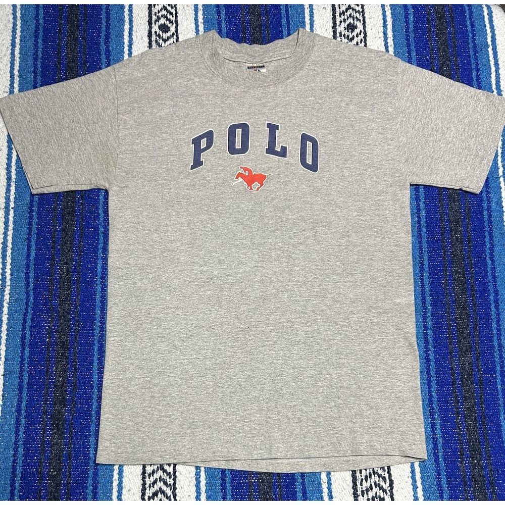 Vintage 90s Jerzees Polo Horse Rider Graphic T-Shirt Gray Men's Medium